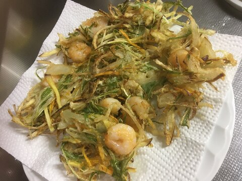 水菜とえびといろいろ野菜のカリカリかき揚げ